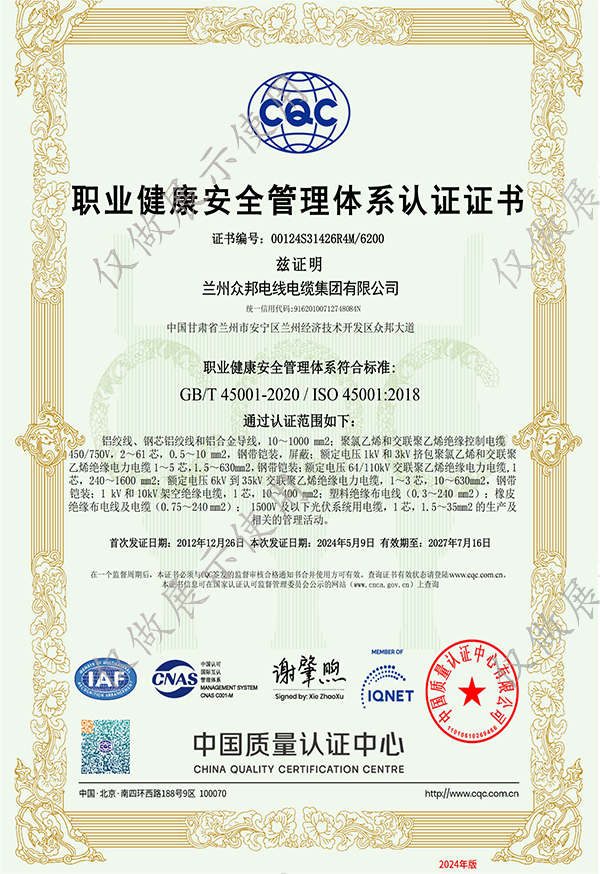 职业健康安全管理体系认证证书